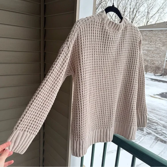 🆕 Pink Rose Blush Chenille Waffle Knit Oversized Sweater XS Cozy Ribbed Hem Chic - Picture 6 of 17